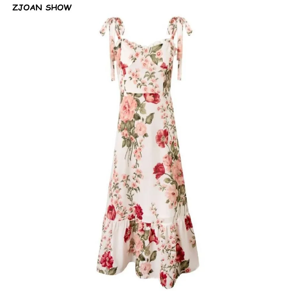 Robe mi-longue de style français rétro pour femmes avec imprimé de fleurs roses et rouges, ourlet à volants, robe de plage, robe de vacances, précieux, éducatif