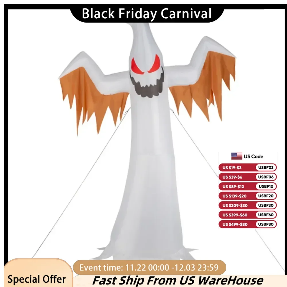 12ft 4pcs LED Lights Giant Scary Ghost Flames and Flashing Red Eyes Inflatable Halloween Decoration