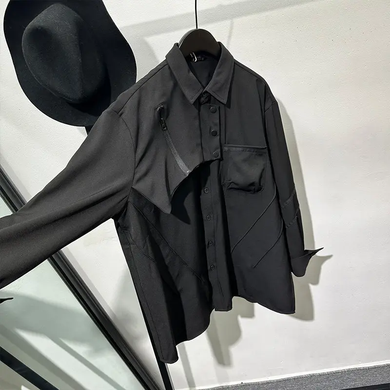 Fashion Design Sense Workwear Irregular Stitching Loose Long-Sleeved Shirt Avant-Garde Handsome Top for Men