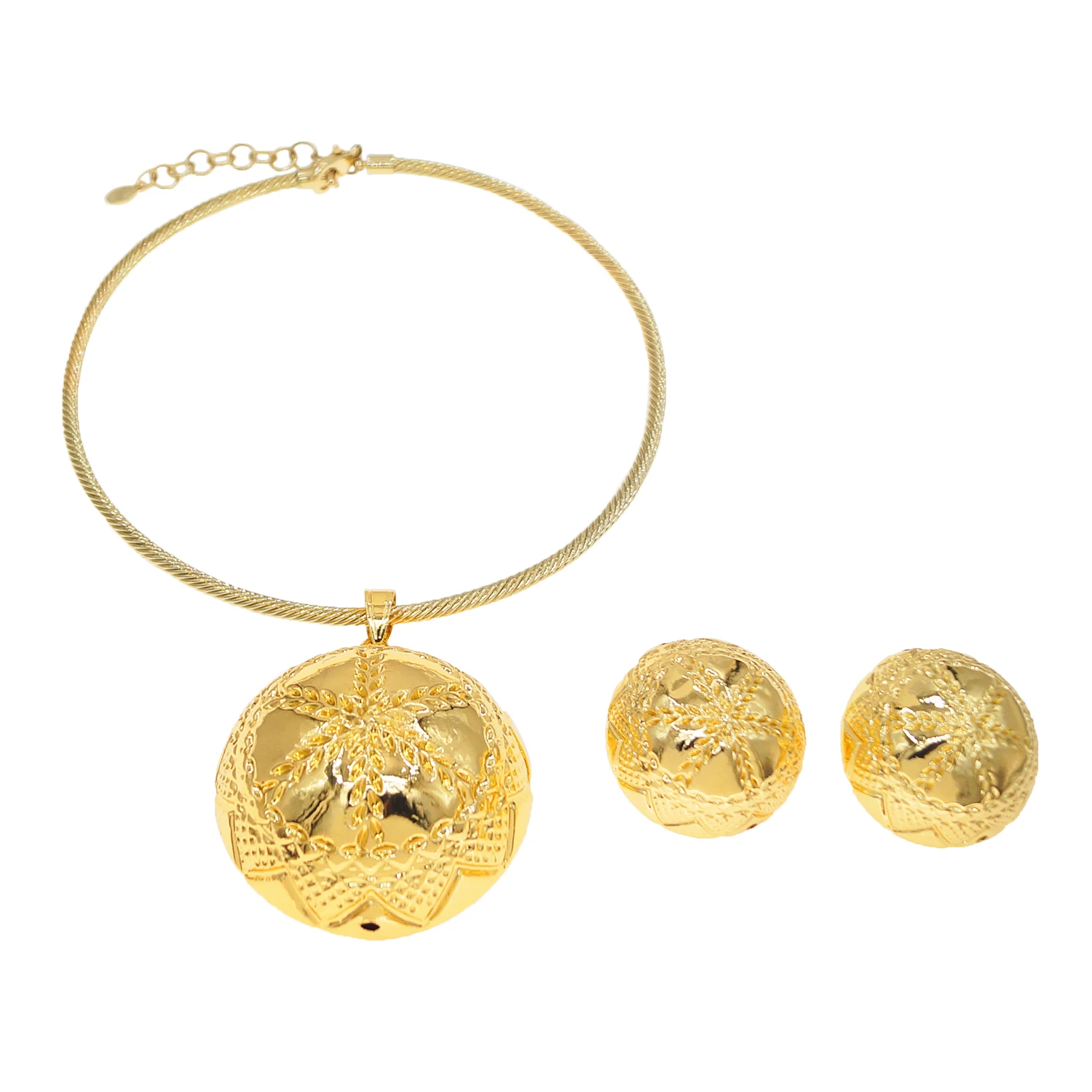 A two-piece set of hollow copper alloy jewelry necklace and earrings is an elegant and fashionable accessory for Dubai women