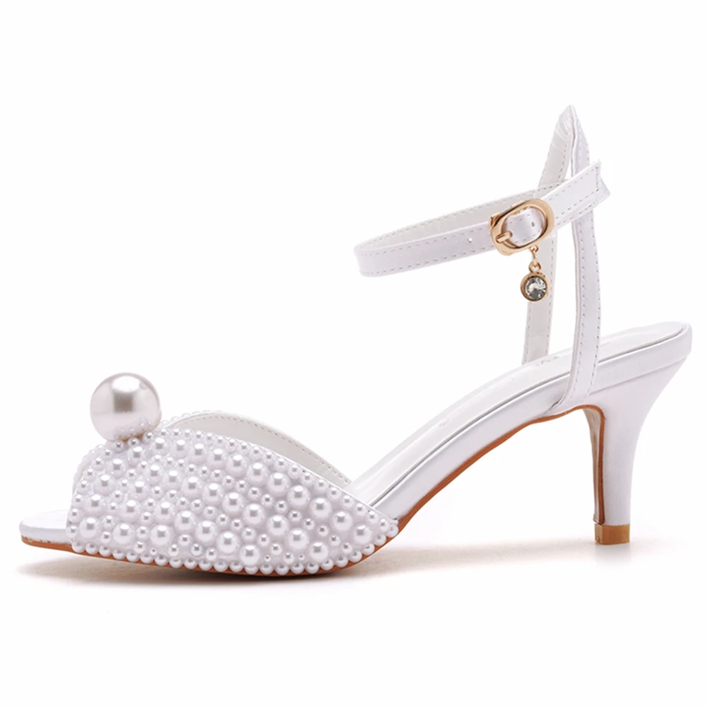 Crystal Queen White Pearl Lady Luxury Wedding Shoes Women Stiletto Open Toe 6CM High Heels  Banquet Dress Sandal