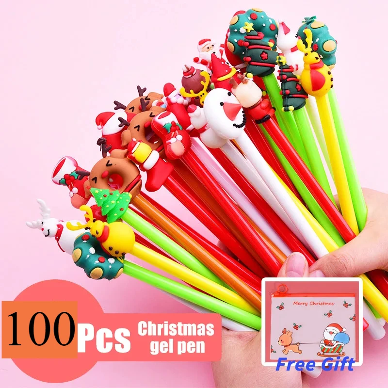 100 Pcs Christmas Gel Pens Cute Kawaii 0.5mm Black Ink Christmas Tree Elf Santa Gift Pens for Writing School Office Stationary