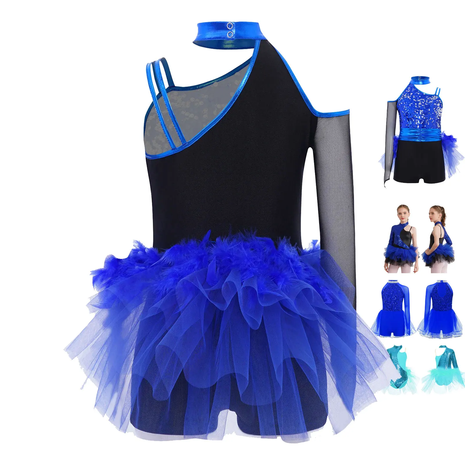 ชุดเต้นรำแจ๊ส ละติน ฟิกเกอร์สเก็ต ยิมนาสติก แอคโรบิก บัลเลต์ สำหรับเด็กผู้หญิง ประดับเลื่อมวิบวับ ผ้าตาข่าย ขนนก ผ้าทูลล์ กระโปรงบาน