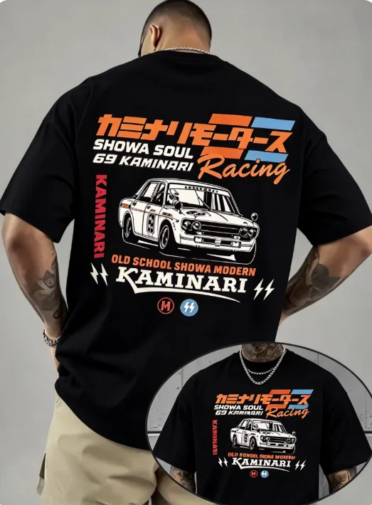 2026 new Unisex Black Crew Neck T Shirt Front Back Vintage Japanese Classic Race Car Graphic Print Casual Loose Short Sleeve Tee