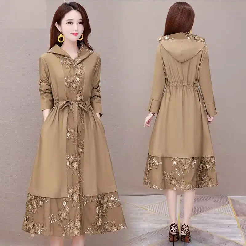 Khaki Hooded Trench Coat Women Long Floral Embroidered Windbreaker Spring Autumn Fashion Belted Jacket