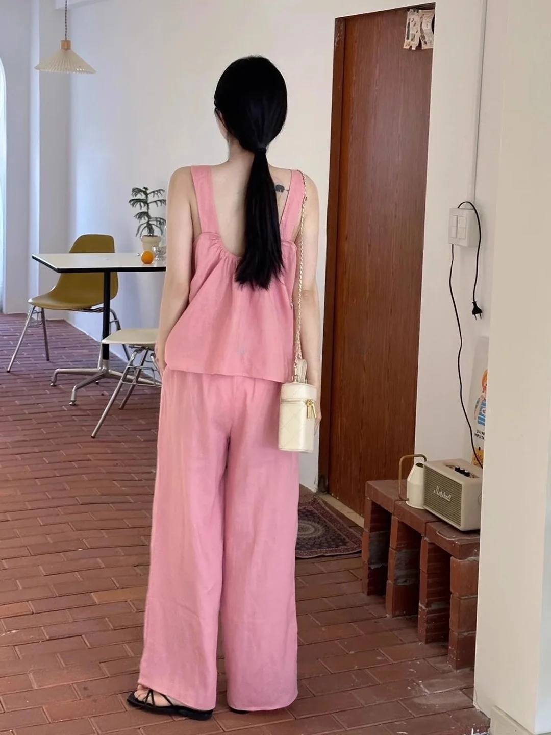Verão 2025 novo coreano sle casual algodão linho cinta conjunto feminino adolescente sentimento rosa topo calças de perna larga conjunto de duas peças