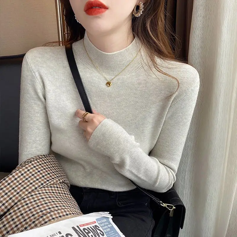 Women\'s 2024 New Autumn Winter Spliced Sweater Half High Collar Printed Letter Fashion Minimalist Casual Long Sleeve Knitted Top