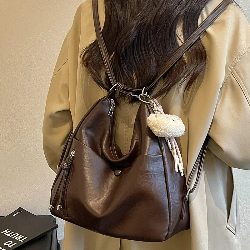 Women PU Hobo Bag Convertible Crossbody Shoulder Handbag Backpack with Zip Pocket and Plush Pendant Ladies Daily Purse