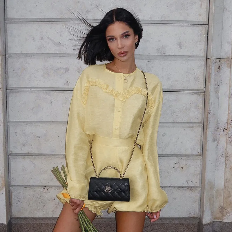 TARXUY New Solid Color Fungus Long Sleeve Top And Bloomer Pants Suit For Women Elegant Loose Cardigan Short Pants 2 Pieces Set