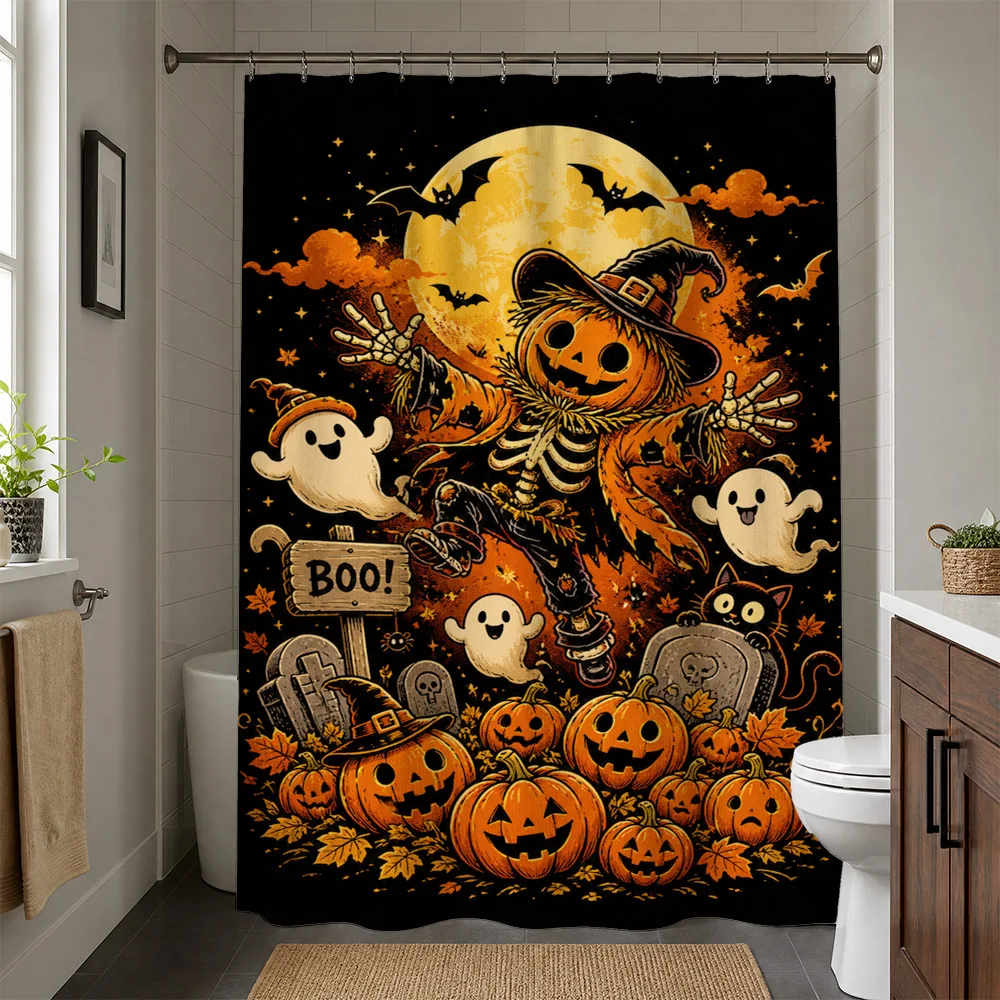 Waterproof Halloween Shower Curtain Bath Decor Spooky Pumpkin Skeleton Ghosts Scary Costume Party Home Decoration Accessory