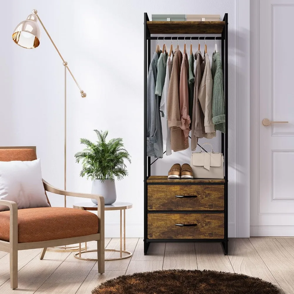 Vêtements T1 avec égouts de proximité-Commode porte-vêtements-Dessus en bois, cadre en acier et tissu