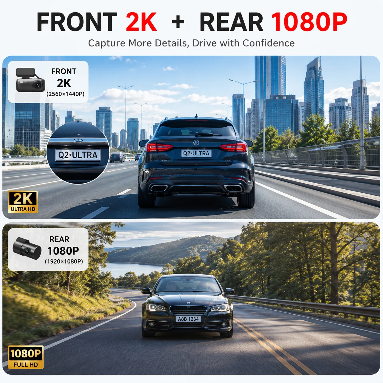 1.47inch IPS Dual Lens Dash Cam Video Recorder WDR with Night Vision WiFi Loop Recording Front 2K 1080P Rear Car Accessories