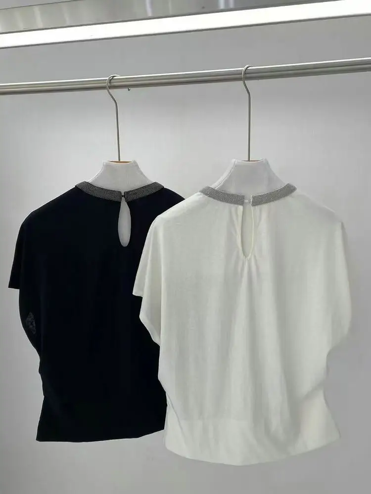 Women's Spring Summer New Cotton Blended Short Sleeve T-shirt Heavy duty Nail Bead Round Neck Hooded Top