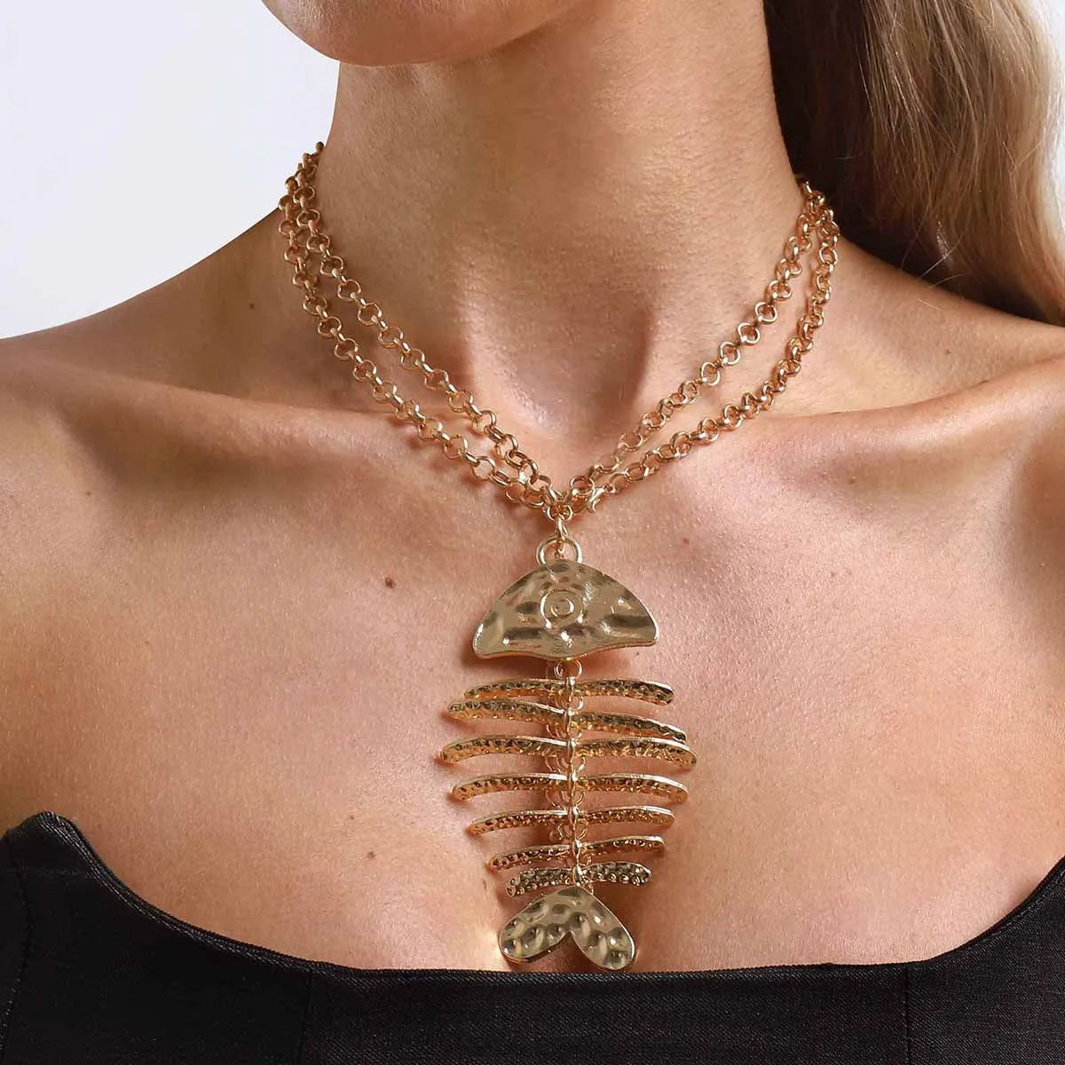 Personalisierte Halskette im Ozean-Stil mit Fischgräten-Anhänger, Kreative Trendige Metallische Zweiseitige Schlüsselbeinkette – Detail 2