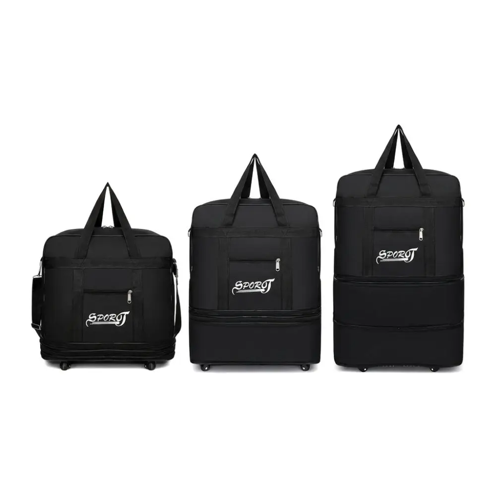 Durable Oxford cloth Expandable Luggage Spinner Wheels Foldable Rolling Duffle Bag Black Large Capacity Checked Baggage