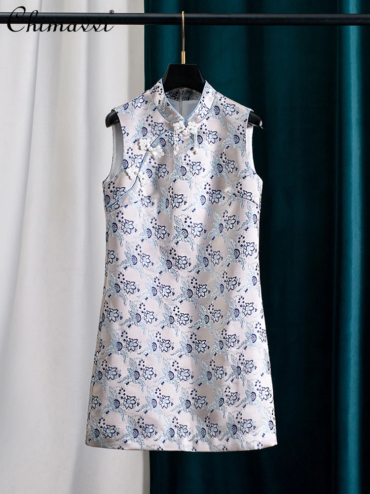 

Chinese Style Elegant Banquet Cheongsam Stand Collar Sleeveless Beaded Embroidery High Waist A-line Vintage Short Dress Women