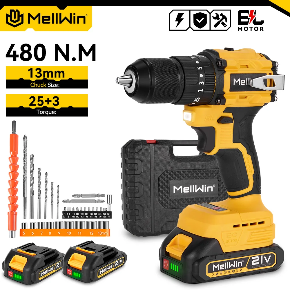 MELLWIN 13 MM Bürstenlosen Elektrischen Schlagbohrmaschine 25 + 3 Drehmoment Handheld Flachbohrmaschine Schraubendreher Elektrowerkzeuge Für Makita 18 V Batterie Pin