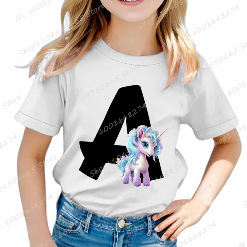 Cute Unicorn & 26 Alphabet A To Z T-shirt for Girls, Unicorn Graphic Short Sleeve Tees Top, 26 Letters T-shirts, Girls' Clothing