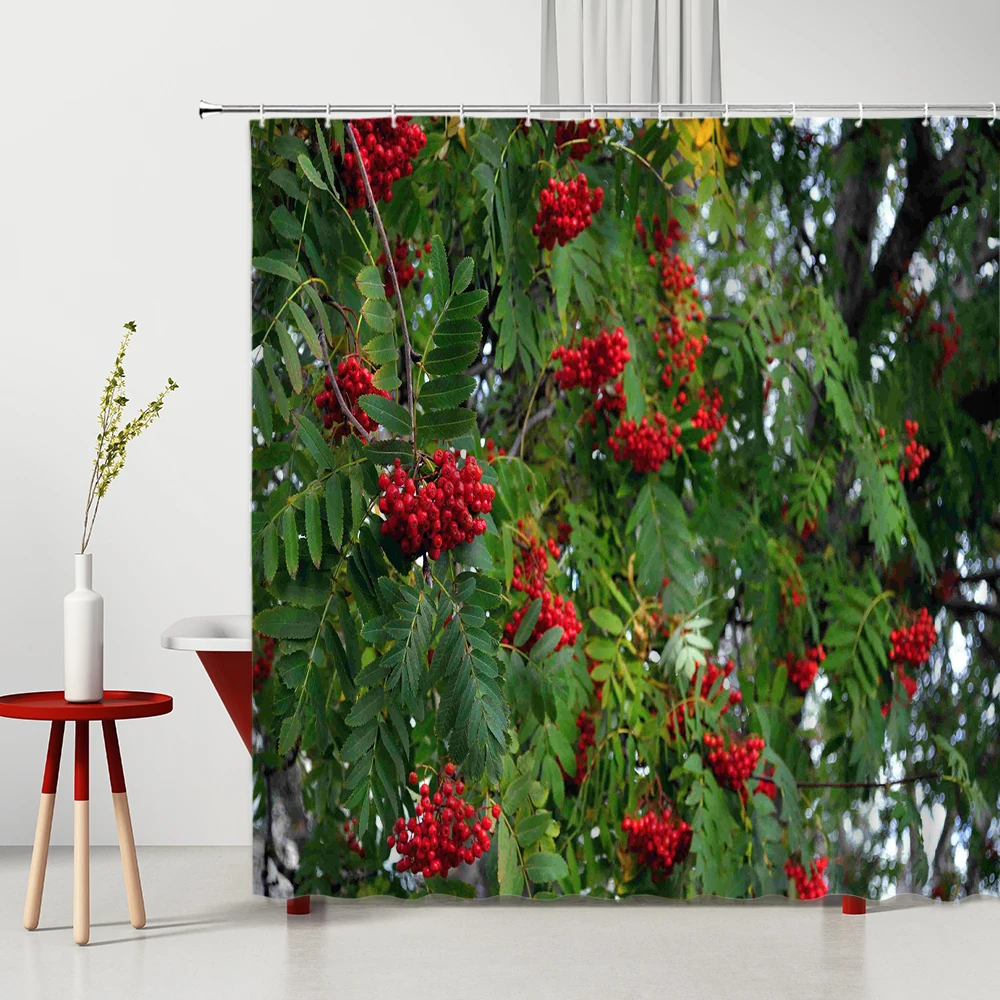 Red Berry Printing Shower Curtains Fresh Green Trees and Attractive Fruits Landscape Home Decor Bathroom Curtain Cortina De Baño