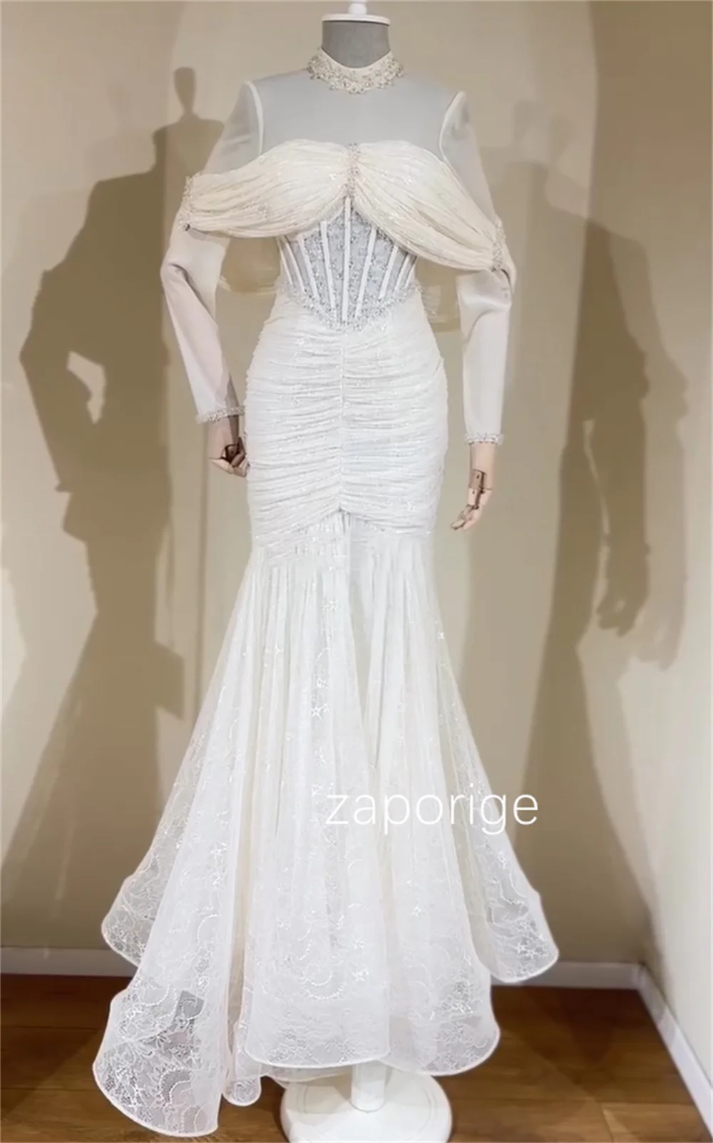 Customized Matching Lace Pleat Sequined Mermaid Off-the-shoulder Long Bespoke Occasion Prom Dresses Sparkle