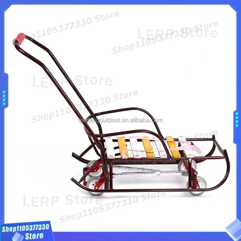 Foldable Baby Sledges Metal Wood Frame Winter Outdoor Snow Sledding Toys For Kids Safe Durable Sleigh Christmas Gift Activity