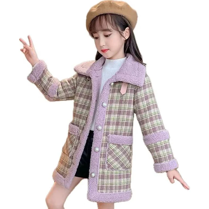 Luxury Brand Winter Wool Coat For Girls Velvet Thicker Jacket Plaid Casual Jacket Warm Kids Overcoat Wool Baby Clothes Age 4-13T