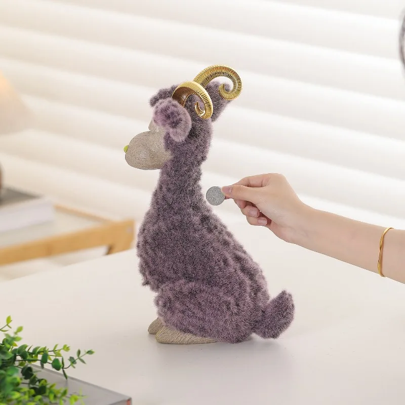 Creative Plush Goat Statue Animal Figurines Desktop Ornaments Sculpture High Capacity Piggy Bank Modern Home Decor Crafts Gift