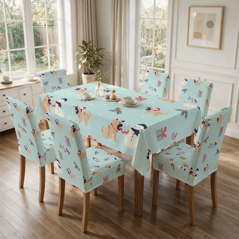 Cute Winter Animals Tablecloth and Chair Covers for Dining Room Holiday Decor Festive Family Meal Setting