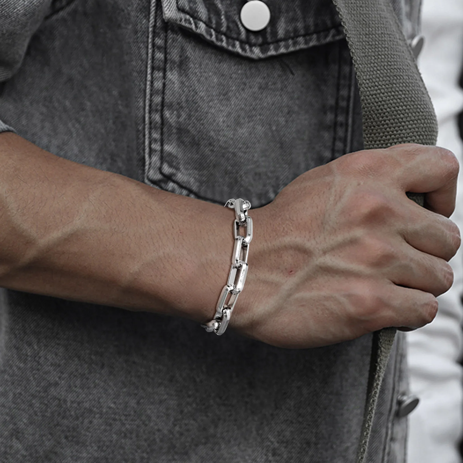 Stainless Steel Jewelry Man Bracelets Rectangle Chain Punk Rock Wristband Gift For Dad Boyfriend Valentine's Day Silver Color