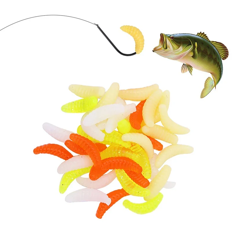 50PCS/Bag Bionic Soft Bread Worm Silicone Artificial Baits Maggot Grub Glow Shrimps Fish Lures Fishi