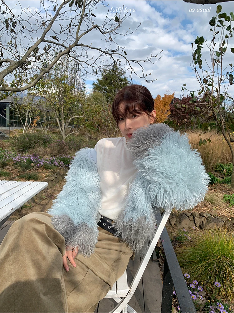 

New Arrival Eco-Friendly Color Blo Woolen Coat for Women Faionable Fur Jaet Large Collar Korean Sle Commute Wear