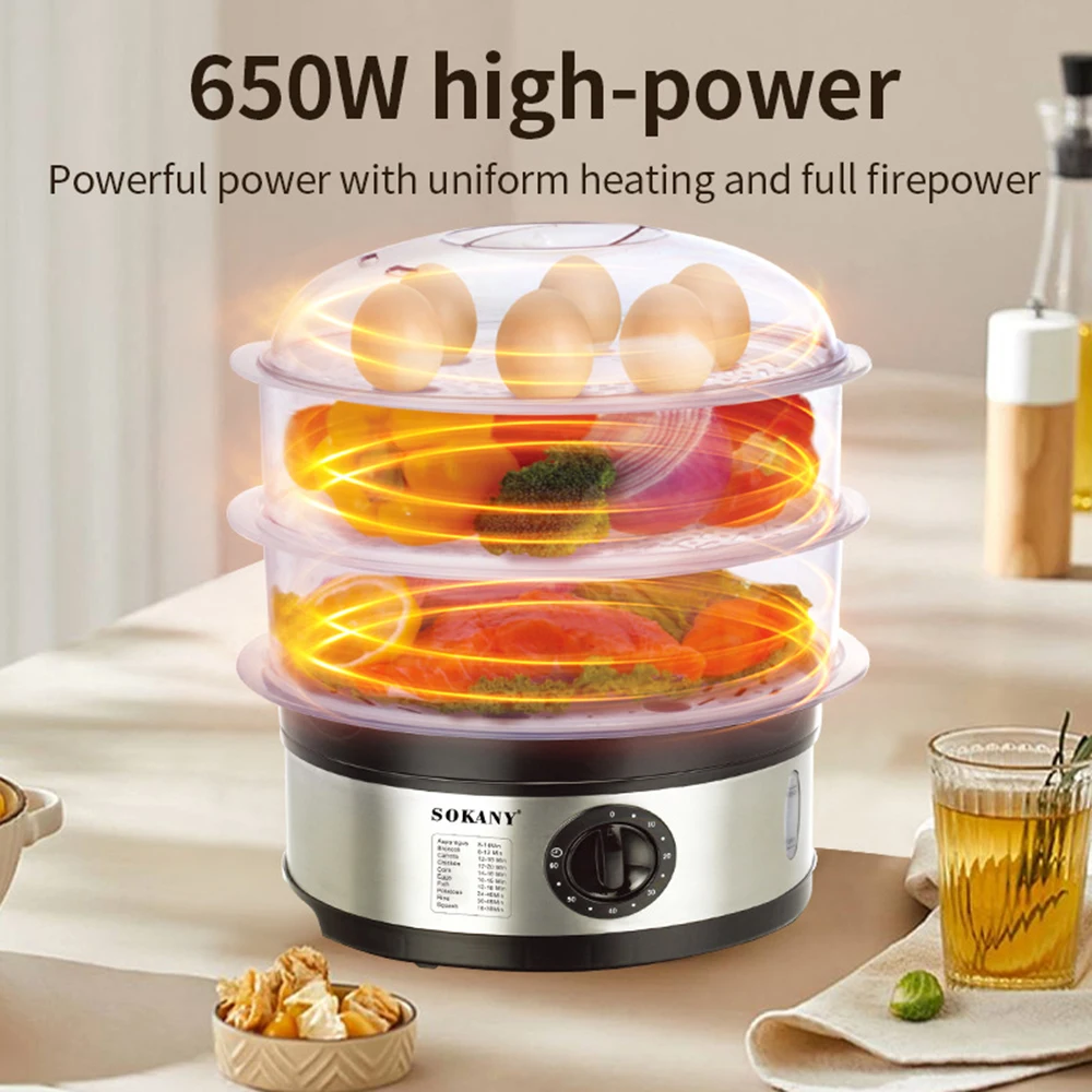 Vaporera eléctrica de alimentos para el hogar, olla de vapor para cocinar verduras, cestas de 3 capas, temporizador de 60 minutos, vaporizador de alimentos de 650W
