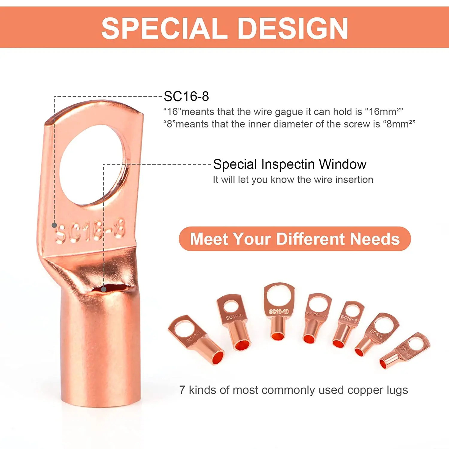 Copper wire lug terminal connector, suitable for AWG12-10 8 6 cable, heat shrink kit, bare copper eyelet, ring terminal connecto