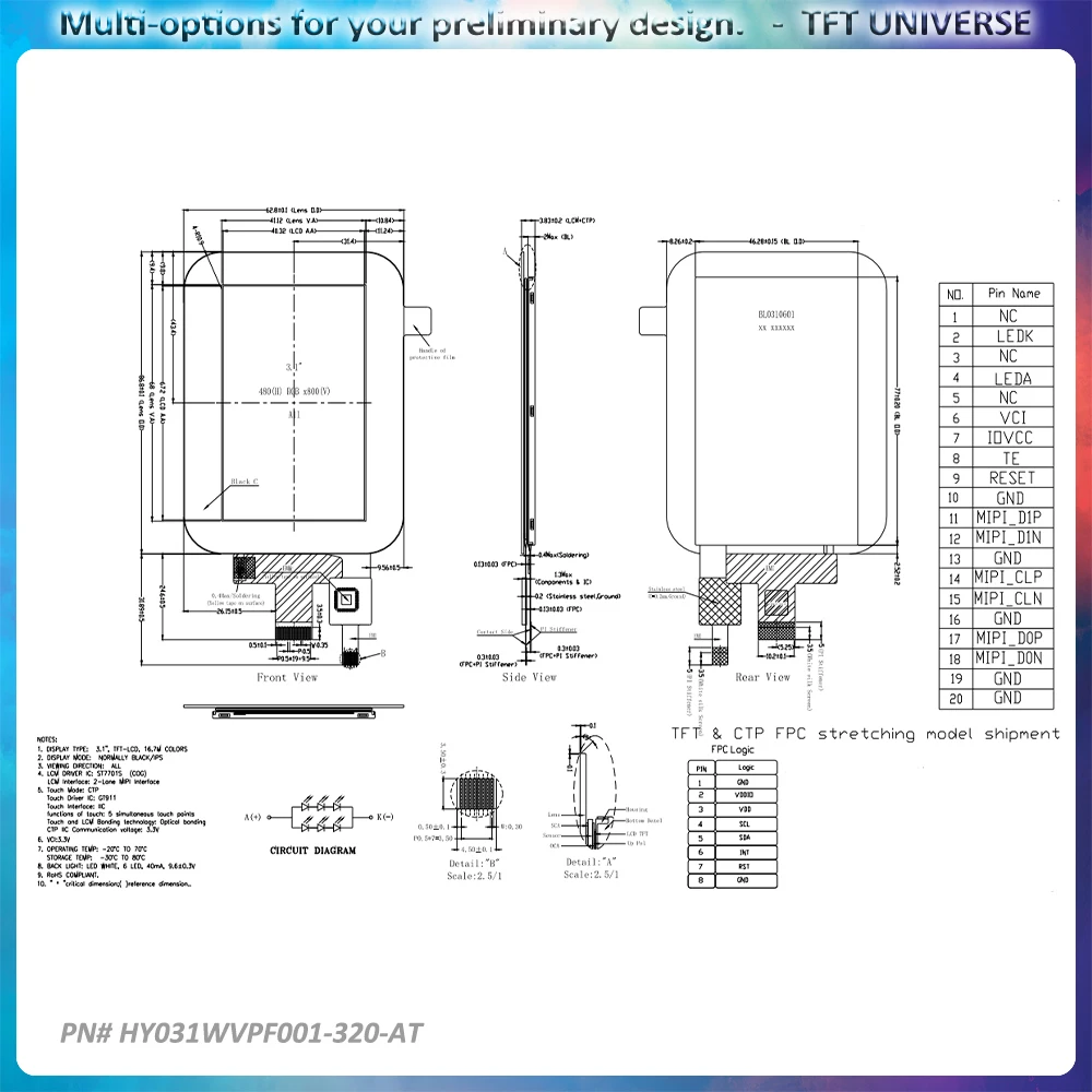 3.1 polegadas 480x800 touch MIPI I2C LCD TFT de alta transmitância com ampla faixa de temperatura e PCAP Touch para eletrônicos de consumo