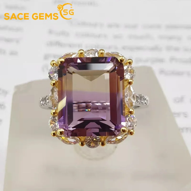 

SACE GEMS Resizable 100% 925 Sterling Silver Rings for Women Natual Ametrine Gemstone Ring Wedding Engagement Band Fine Jewelry