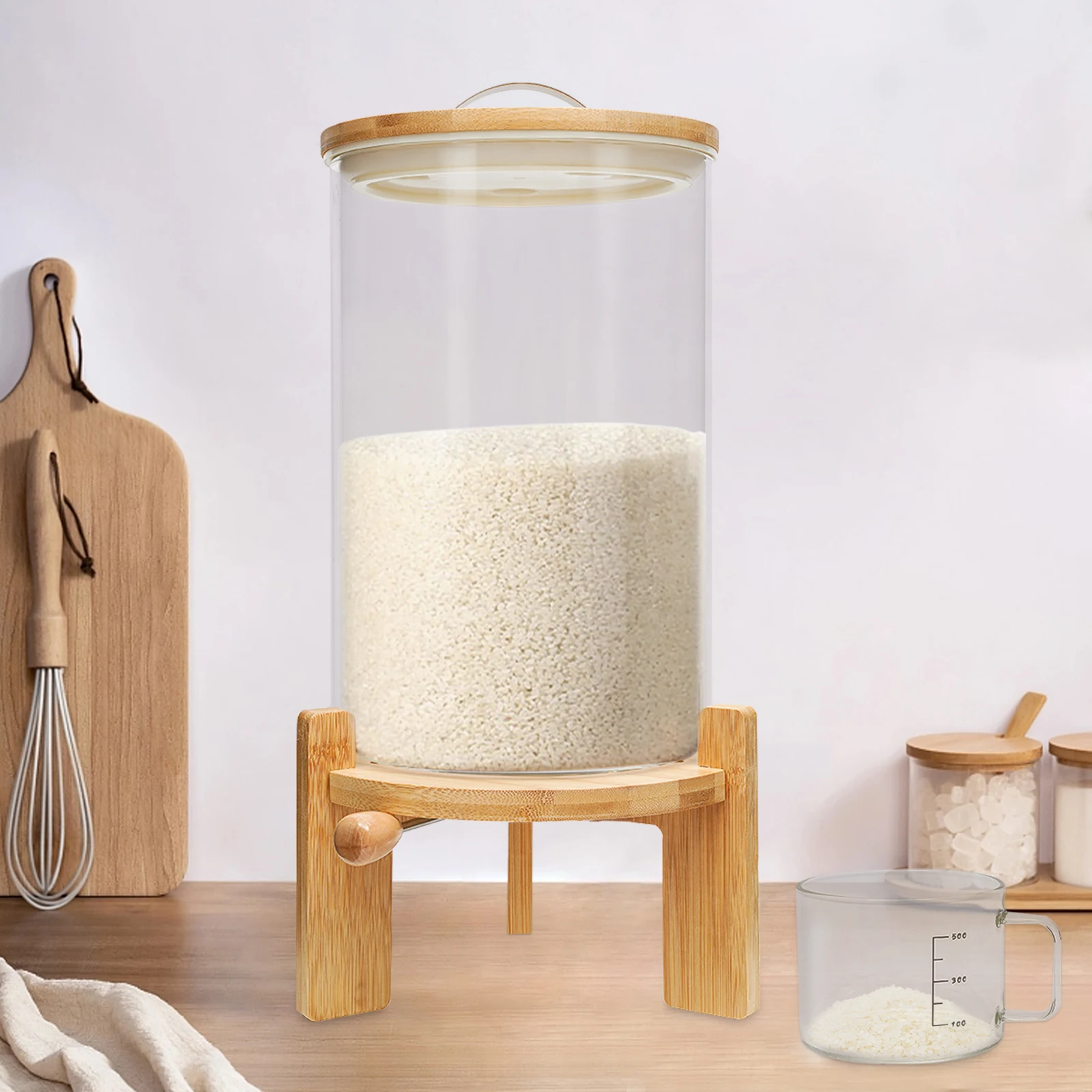 

7.5L Creative Glass Food Storge Container for Kitchen Organization Cereal Rice Dispenser with Airtight Lid & Wooden Stand