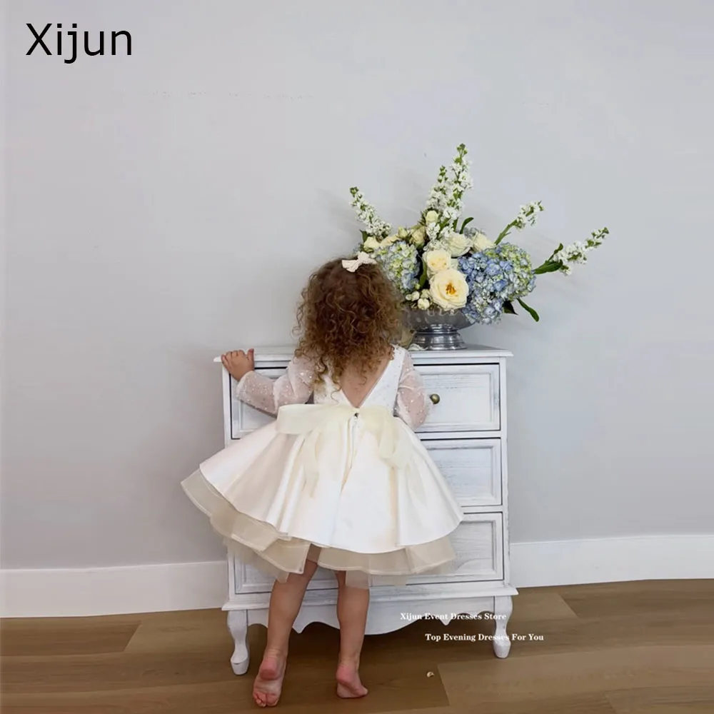 

Бежевые платья для девочек Xijun Princess с цветочным узором и бантом на спине, свадебные платья А-силуэта для девочек, платья с длинными рукавами для дня рождения, на заказ