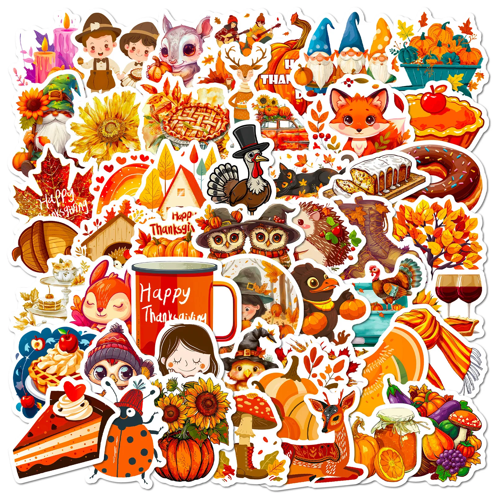 10/30/50PCS Thanksgiving Day Stickers Turkey Cartoon Graffiti Golden Good Harvest Decals Waterproof Decoration Diary Scrapbook