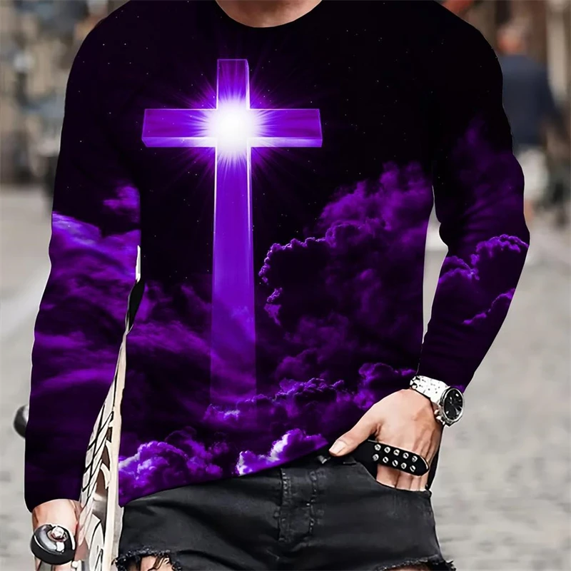 Trend Jesus Cross Pattern T Shirt For Men Fashion Casual Mens 3D Printed Long Sleeve Pullovers Loose Streetwear Cool Tees Tops image 3