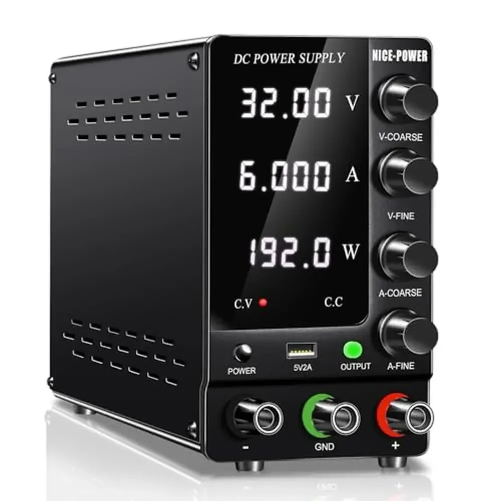 Adjustable DC Power Supply 32V 6A with Output Switch High Precision LED Display Lab Work Bench USB Charging Port & Intelligent