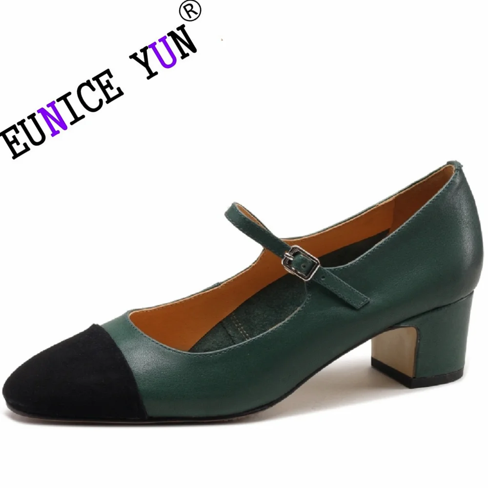 

【EUNICE YUN】Women Natural Genuine Leather Mary Janes Pumps Luxury Designer Mix-color Buckle Block Heels Shoes Office Ladie 34-40