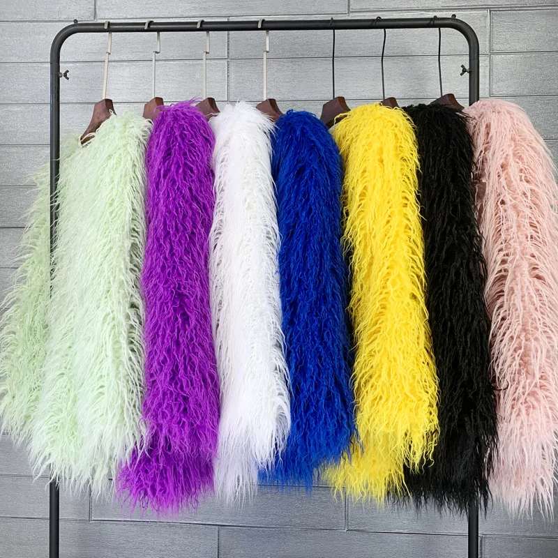 Mongolia Sheep Fur Women Medium Long Coat Jacket Colorful Warm Faux Fur Plush Coats Female Jacket Autumn Winter Furry Outerwear