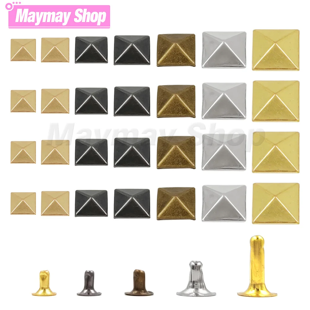 100sets 6-12mm Metal Pyramid Cap Rivets Studs Square Rivet for Leather Craft Bag Belt Clothing Garment Shoes Accessories