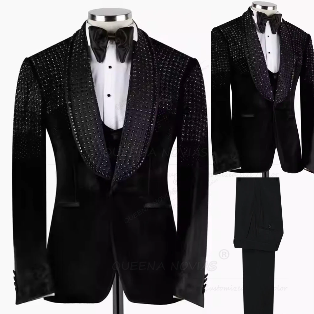 

Beaded Stones Groom Wedding Tuxedos 3pcs Shawl Lapel Prom Blazers Outfit Slim Fit Single Breasted Suits Men Plus Size Customized