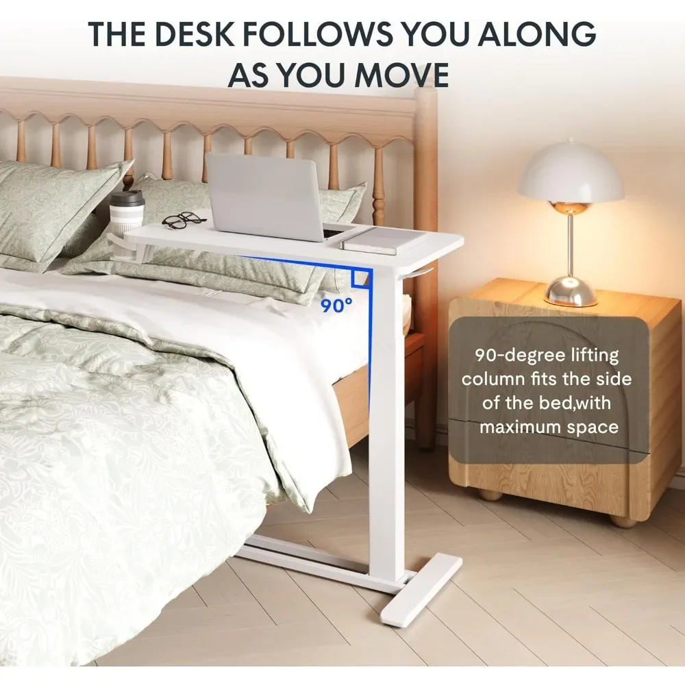Adjustable Overbed Bedside Table with Wheels Pneumatic Mobile Standing Laptop Desk Rolling Computer Cart Movable Overbed Table