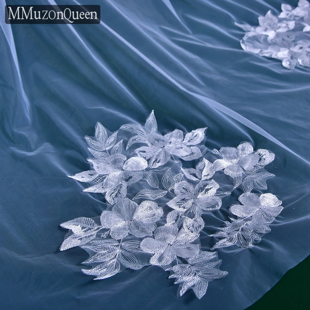 MMQ M79 Flower Embroidery Cathedral Wedding Veil No Comb Soft Tulle Long Elegant & Luxury Wedding Veil