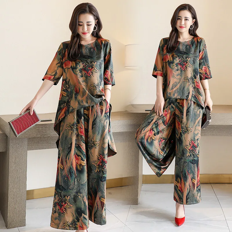 

Retro Printed Round Neck Short Sleeved T-shirt Casual Wide Leg Pants Two-piece Set Elegant Women's Pants Set