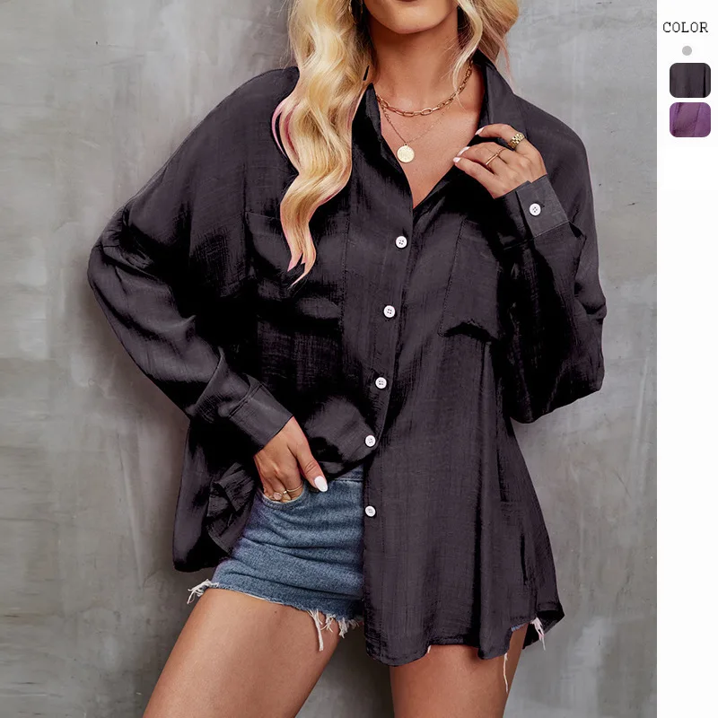 

FIGOHR Women's Casual Commute Style Solid Batwing Sleeve Blouse Single Breasted Shirt Female Loose Comfortable Long Sleeve Shirt