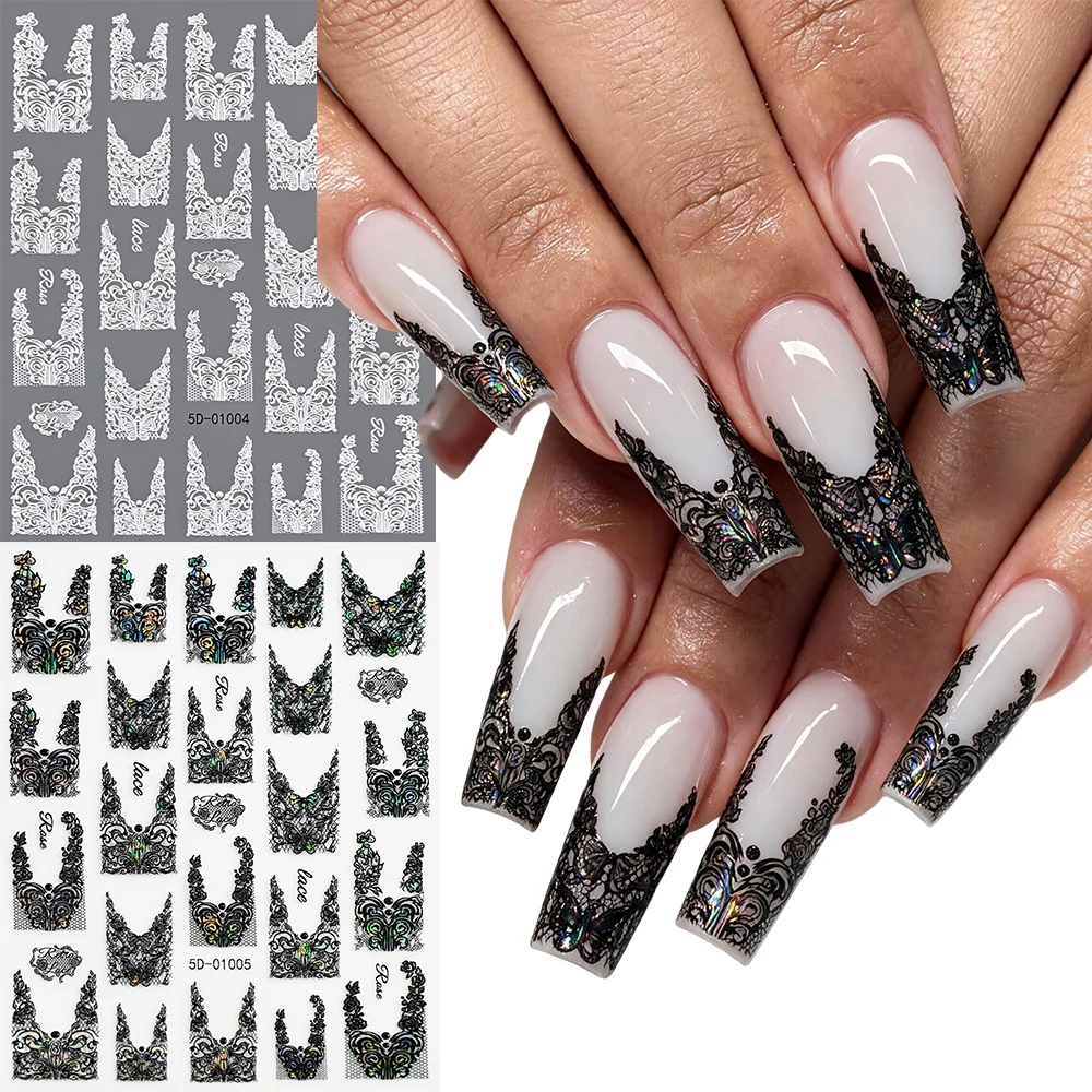 1/2Pcs 5D White Black Lace Nail Sticker V-Shaped French Tip Lace Butterfly Floral Self Adhesive Decals Wedding Nail Sliders