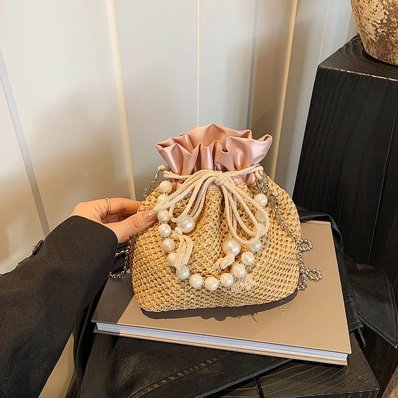 Grass Woven Small Bag Advanced Feeling Pearl Handbag Drawstring Opening Versatile Fashion Good-looking Chain Shoulder Bag